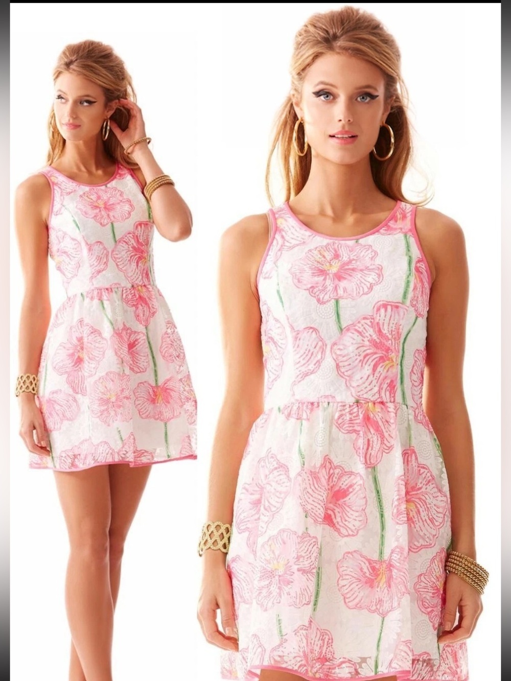 Lily Pulitzer Darcelle Pink White Green Floral Sheer Overlay Fit Flare Dress 6